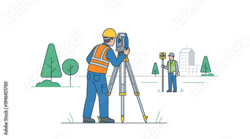 Professional land surveyor team working with total station and prism pole in field, city background outline flat vector illustration for construction and topography measurement.