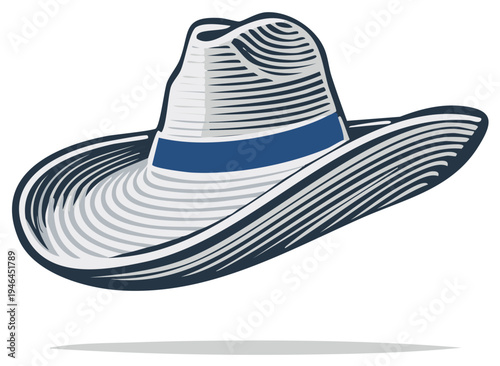 Stylized illustration of a white fedora hat with a blue band and black trim
