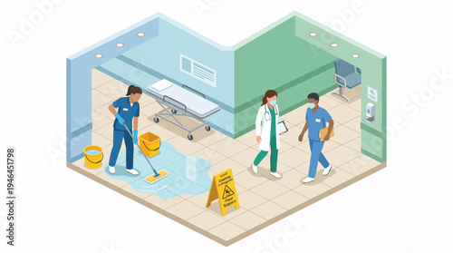 Medical staff cleaning hospital room with caution.