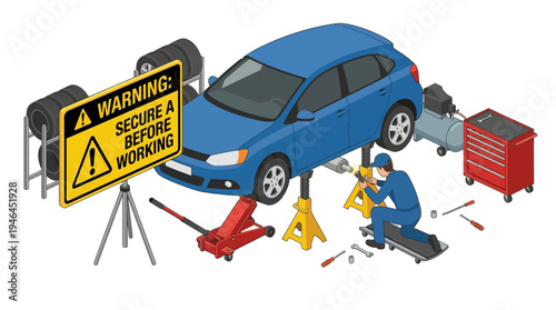Mechanic working under a car with safety sign.