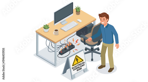 Man experiencing electric shock at office desk.