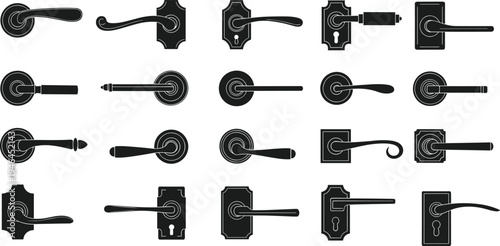 Black silhouette vector illustration of diverse door handles and keyhole plates showing traditional modern designs architectural hardware comparison decorative style