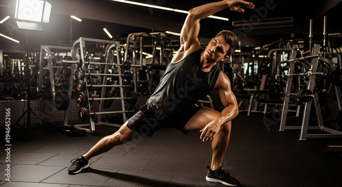 Muscular man stretches in a gym during a warm-up exercise routine; athletic fitness for active lifestyle and wellness concept