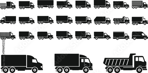 PrintBlack silhouette vector illustration of diverse trucks including cargo, dump, box, flatbed, transport vehicles, logistics fleet, transportation industry design