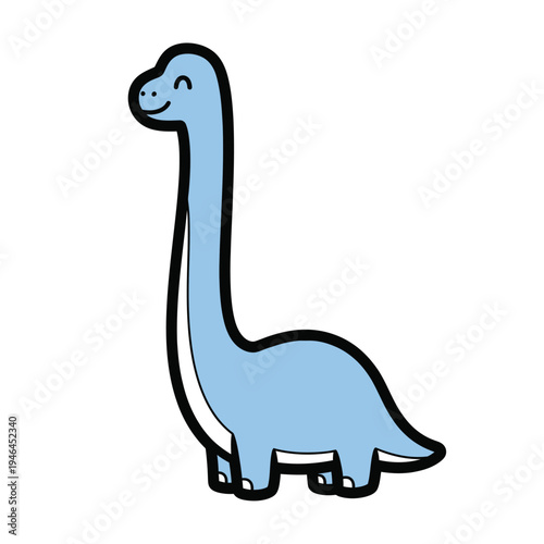 Adorable, smiling cartoon blue Brontosaurus with a long neck and thick tail, standing happily in a simple, playful, flat design with bold outlines.