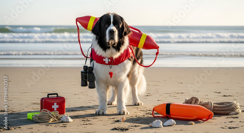 Newfoundland dog wearing lifeguard gear on a sunny beach with rescue buoy and first aid kit embodying canine safety