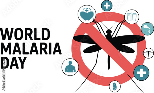 Malaria day with mosquito and medical symbols red circle