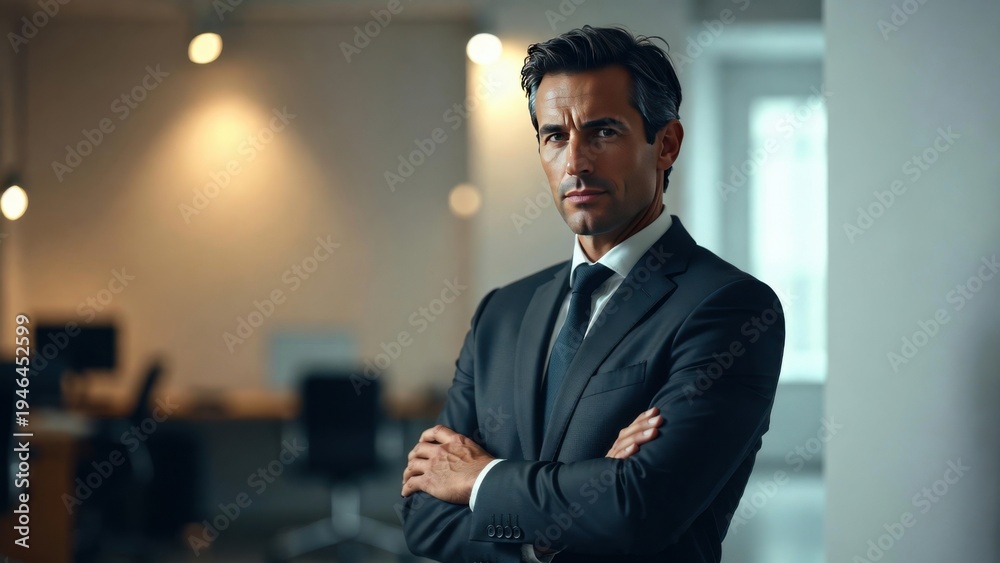 Fototapeta premium Confident caucasian male ceo in suit posing in modern office environment.