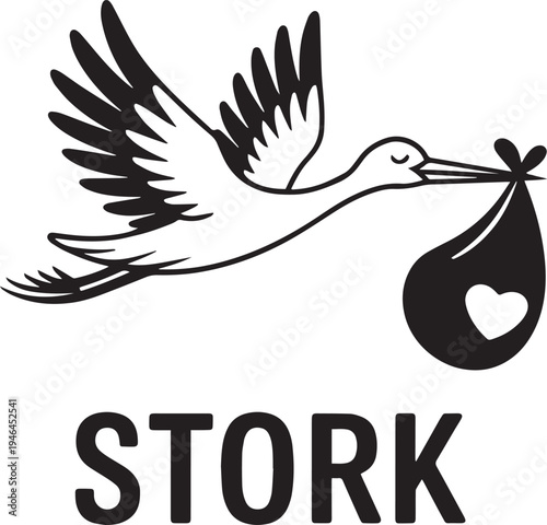 Symbolic illustration of a stork bird delivering a baby bundle with a heart emblem isolated on a transparent background