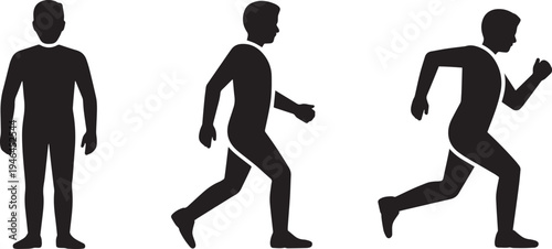 Three black silhouettes of a man in different running and standing poses isolated on a white background