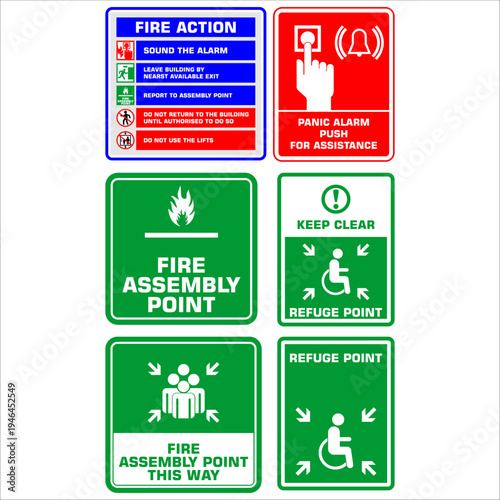 Fire assembly point, set, sign vector