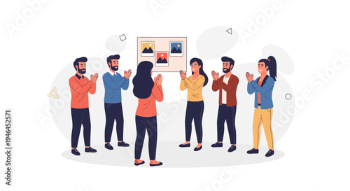 Team Applauding Success at Presentation Board with Photos