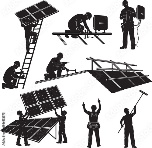 Set of 7 solar panel installation workers vector