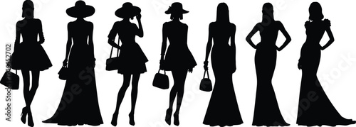 Black silhouette vector illustration of fashionable women in diverse outfits with hats handbags high heels stylish poses elegant fashion design sequence