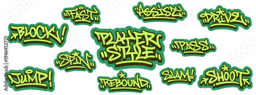 Collection of 11 Player Style Basketball Graffiti Tags and Green Stickers for Urban Sportswear Design.