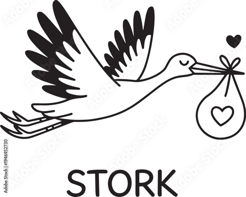 Whimsical cartoon stork with a bundle containing a heart flying against a plain background conveying good news and new life