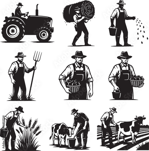 Set of 9 farm worker icons vector
