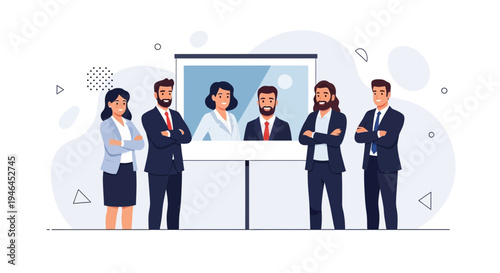 Diverse Business Team Posing Confidently in Front of Presentation Screen
