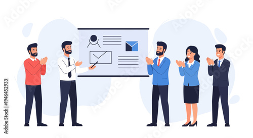 Business meeting presentation with team applauding, successful project review