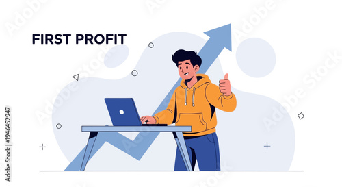 Young man celebrating first profit with laptop and upward graph