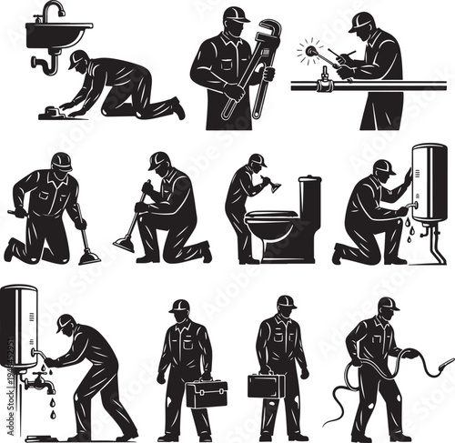Set of 12 plumbing icons vector, plumber illustrations