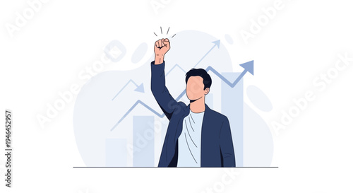 Man celebrating success with rising graph and upward arrow, symbolizing growth and achievement.
