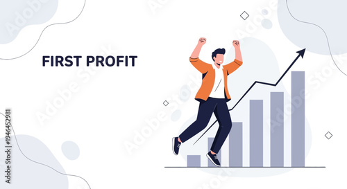Man celebrating first profit with rising graph, business success, financial growth concept