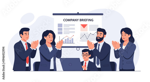 Business team applauding during company briefing meeting with presentation