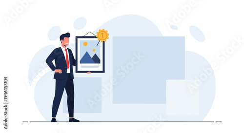 Businessman proudly presenting award-winning artwork in a modern gallery