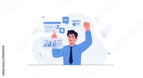 Businessman celebrating success with data analytics and KPIs