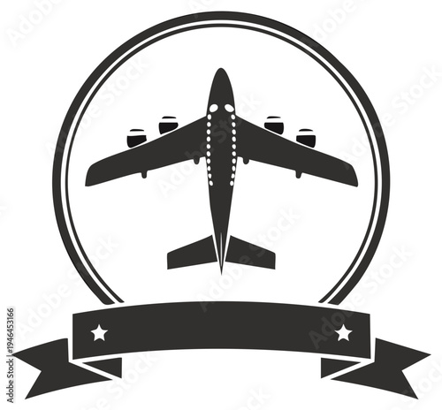Airplane Silhouette Jet Emblem Flight Symbol Travel Air Transport Icon Aircraft in Circle Ribbon