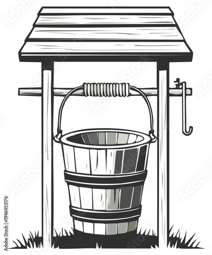 Rustic wooden well with bucket and crank for drawing water, traditional rural scene