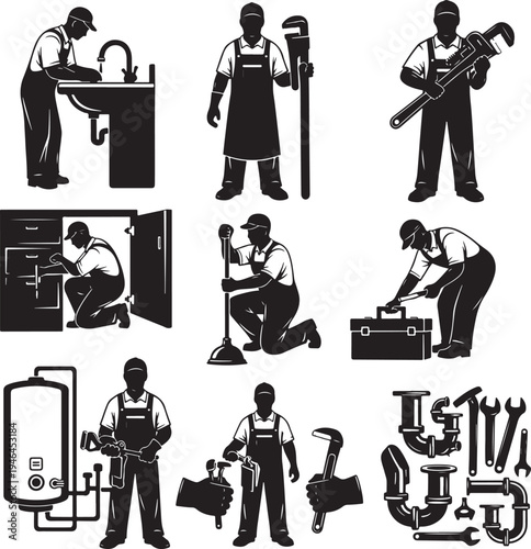 Set of 9 plumbing icons vector, plumber illustrations