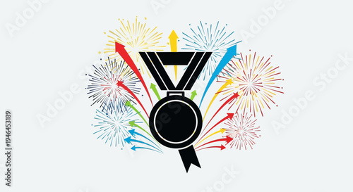 Medal Icon with Fireworks Celebration.