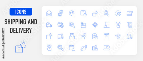 Shipping and Delivery icon. Delivery Truck, Product List, Online Order, Product Box, Destination, Product, Review, Shipping Time, Free Shipping, Shipping Schedule, Inventory vector.