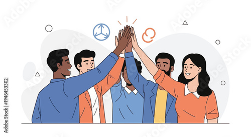 Diverse team celebrating success with high five, teamwork and achievement concept