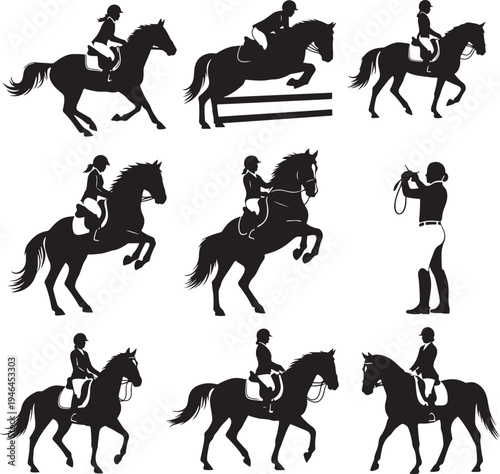 Set of 9 horse riding silhouettes vector