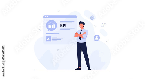 Business man with crossed arms presenting KPI dashboard with charts and graphs