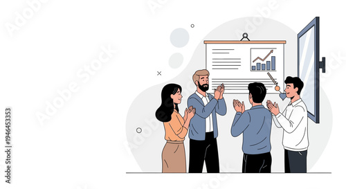 Business team applauding success after presentation with growth chart on screen