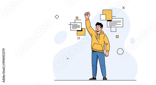 Man with raised fist and speech bubbles, symbolizing success and communication