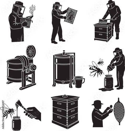 Set of 9 beekeeping icons vector