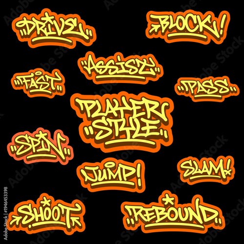 Collection of 11 Basketball Player Graffiti Tags and Stickers in Bold Orange Style for Urban Sportswear.