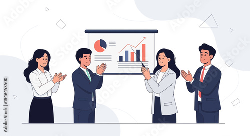 Business team applauding a successful presentation with charts on a whiteboard
