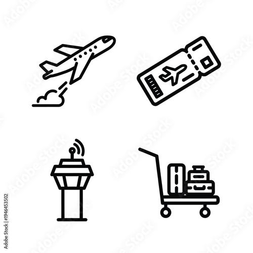 Dynamic set of four stylized line art icons representing air travel airplane taking off, boarding pass, air traffic control tower, and luggage cart on a clean white background.