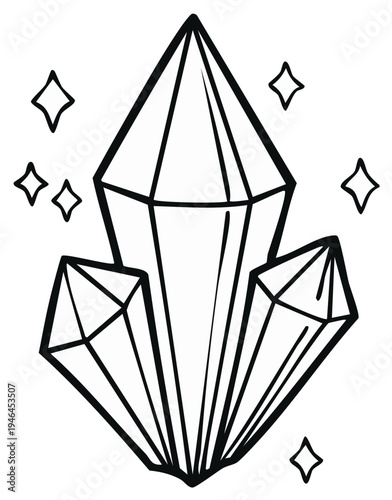 Illustration of a crystal mineral with stars, representing gems, geology, mineralogy and sparkle for a simplistic abstract design.