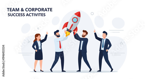 Team launching rocket symbolizing business success and corporate goals
