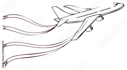 Airliner soaring with waving ribbons trailing behind a Jet airliner against white