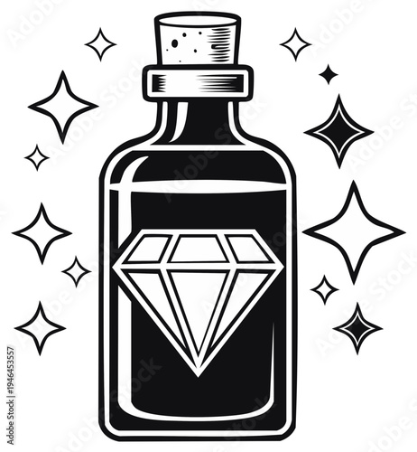 Illustration of a glass potion bottle filled with liquid and a diamond gem surrounded by sparkling stars.