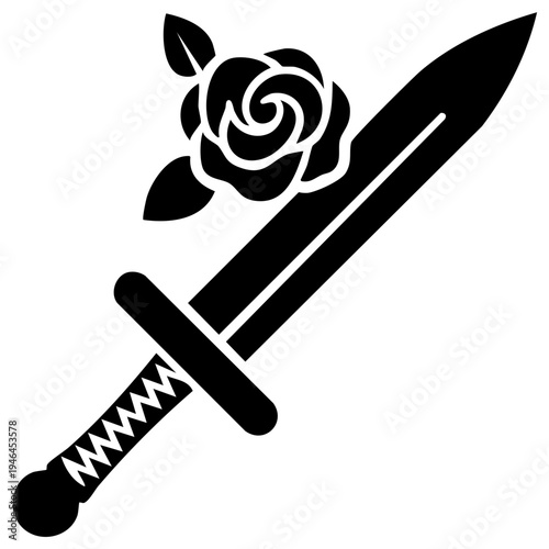 Sword and rose silhouette icon, a romantic symbol of love, war, and beauty