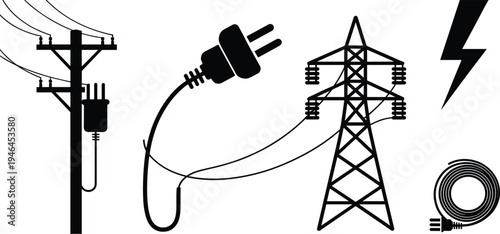 Electrical infrastructure silhouettes with utility pole, transmission tower, power plug, lightning bolt, and coiled cable vector illustration for energy distribution concepts